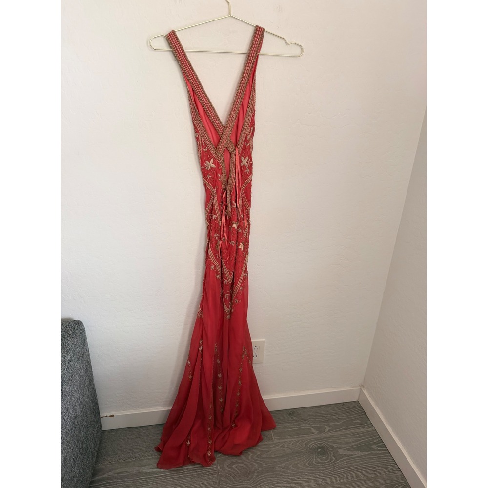 CACHÉ LUXE Coral Beaded Allover Floral Open Back Floor Length Gown Vintage Sz 2 - Picture 8 of 15